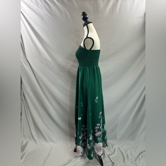 Floral Print Strapless Shirred A-Line Dress Green - Picture 7 of 8